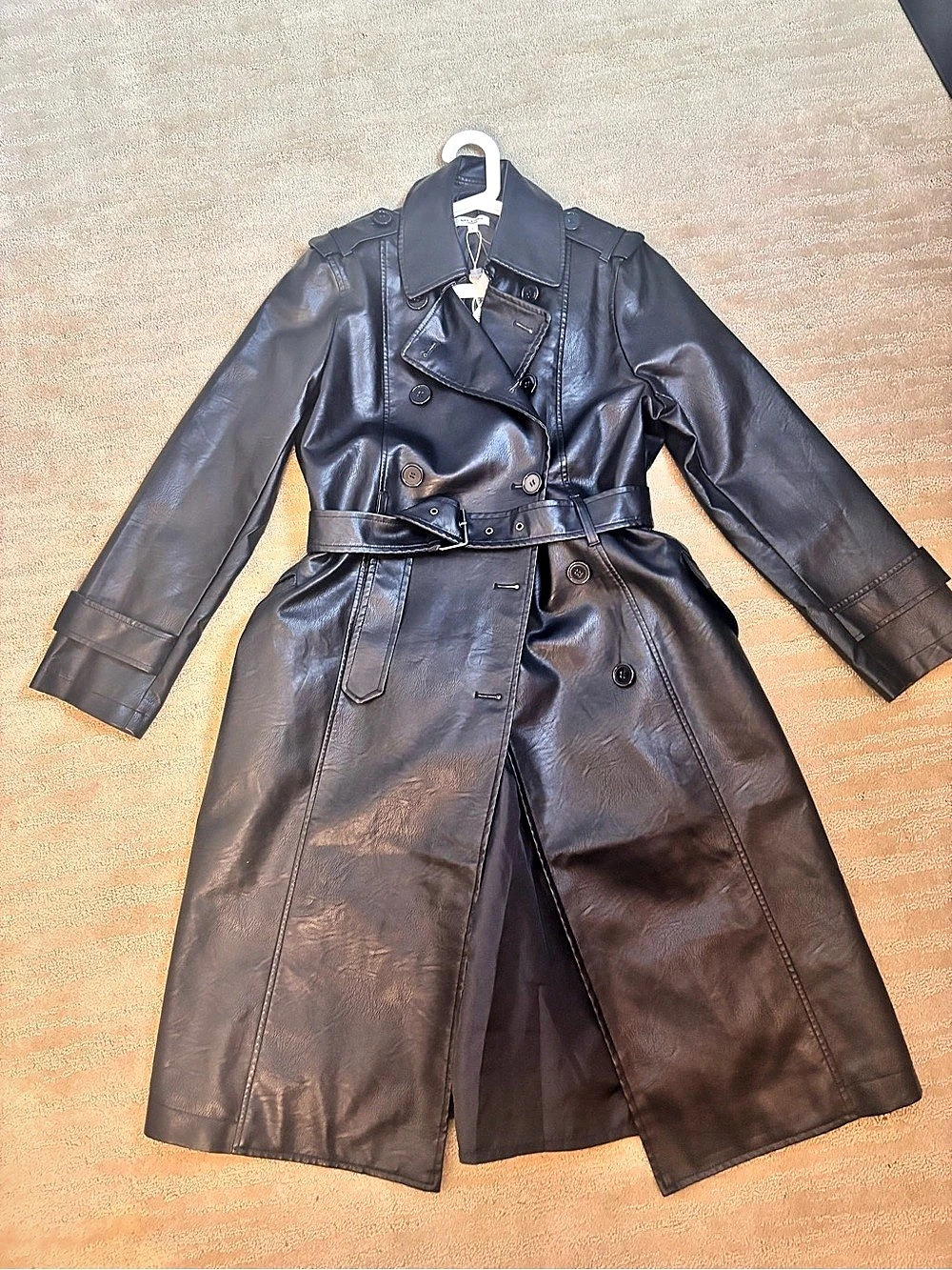 Max Studio Faux Leather Trench Coat Black Large NWT